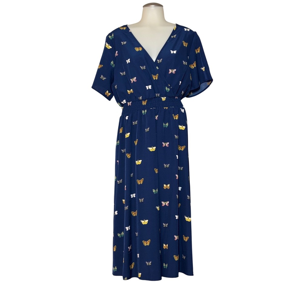 Shein Curve Faux Wrap Dress Women 1XL Navy Butterfly Midi NWOT